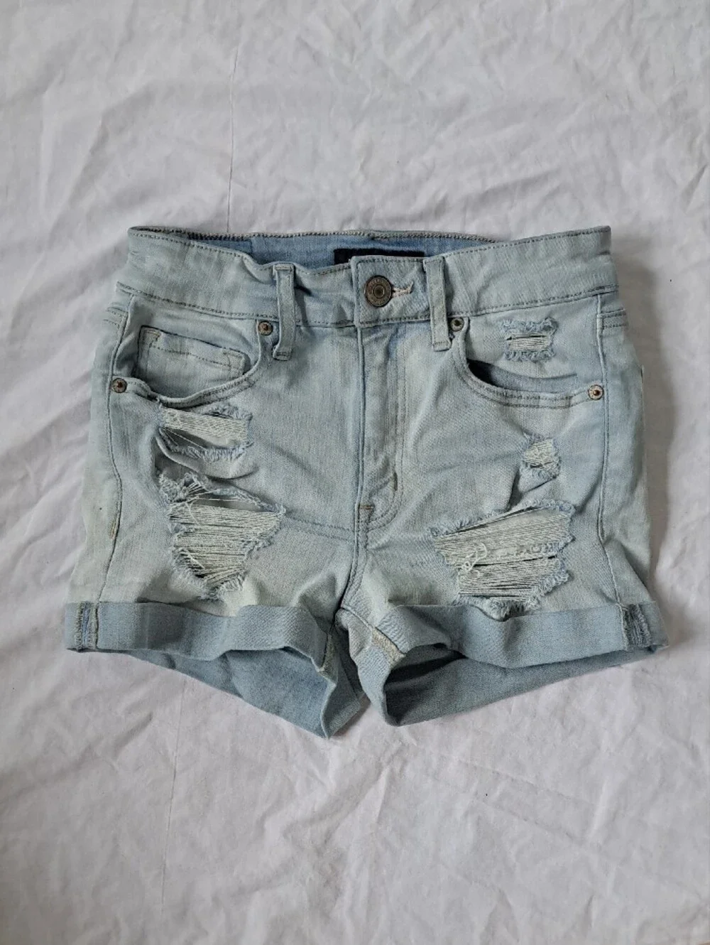 Aeropostale High Rise Midi Light Blue Denim Shorts Distressed Roll Hem Thrash 2